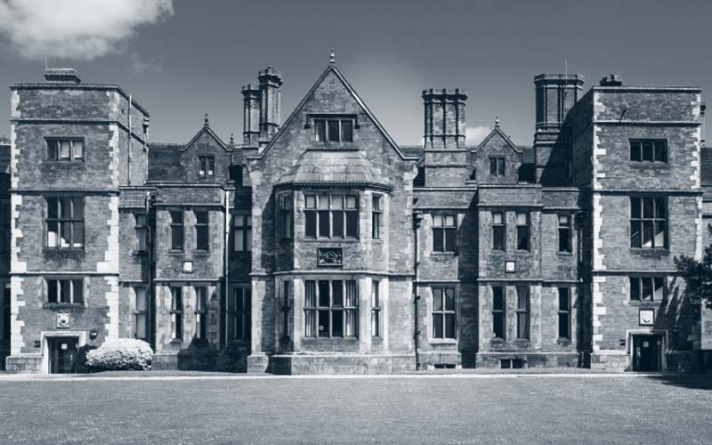Black and white photo of Heslington Hall at the University of York